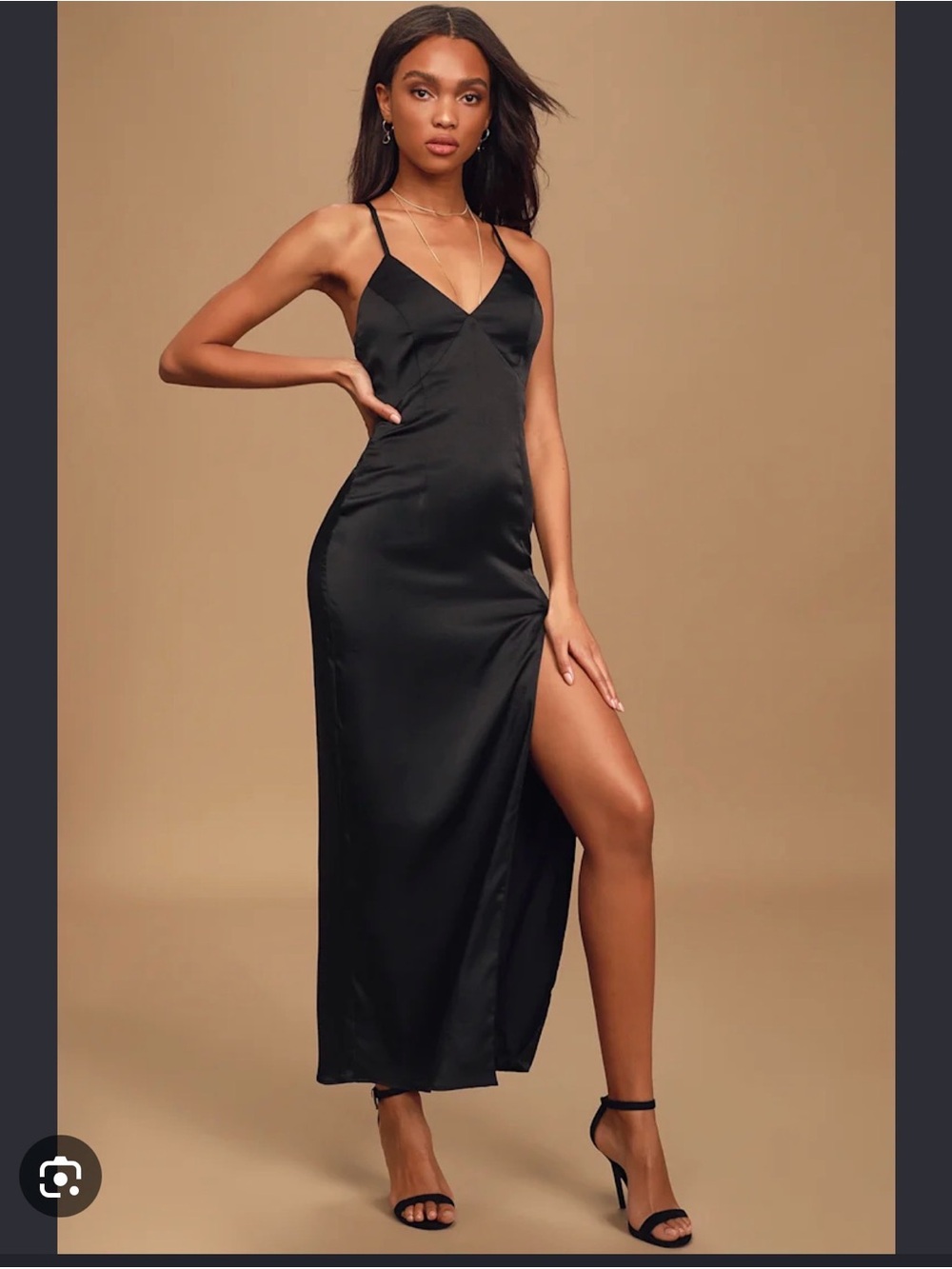 Lulu's Black Satin Maxi Slip Dress with Side Slit